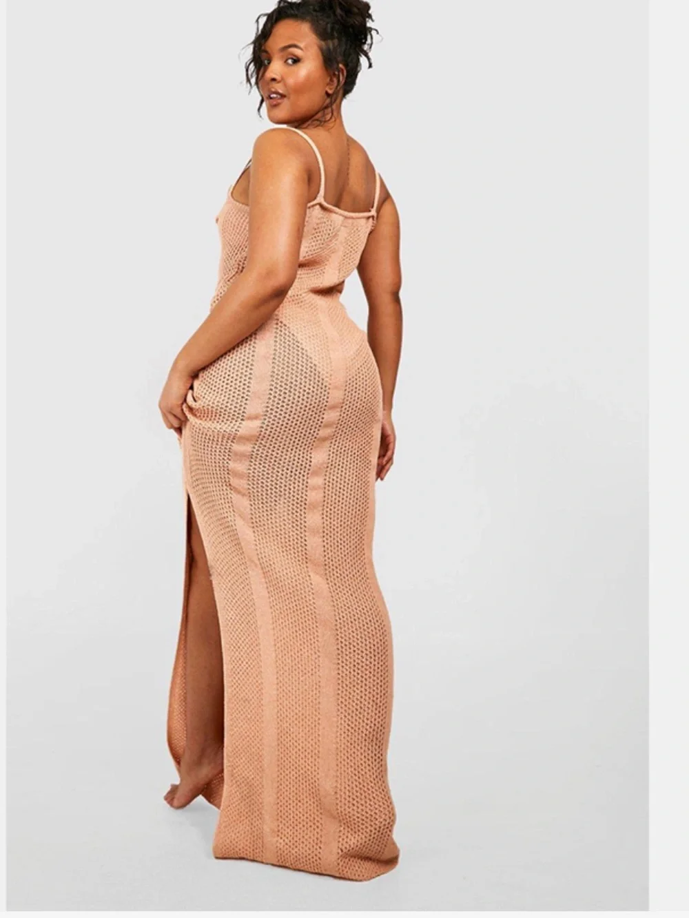 NWT Boohoo Plus Camel Crochet Knitted Maxi Beach side split Dress US 16 - Picture 2 of 10